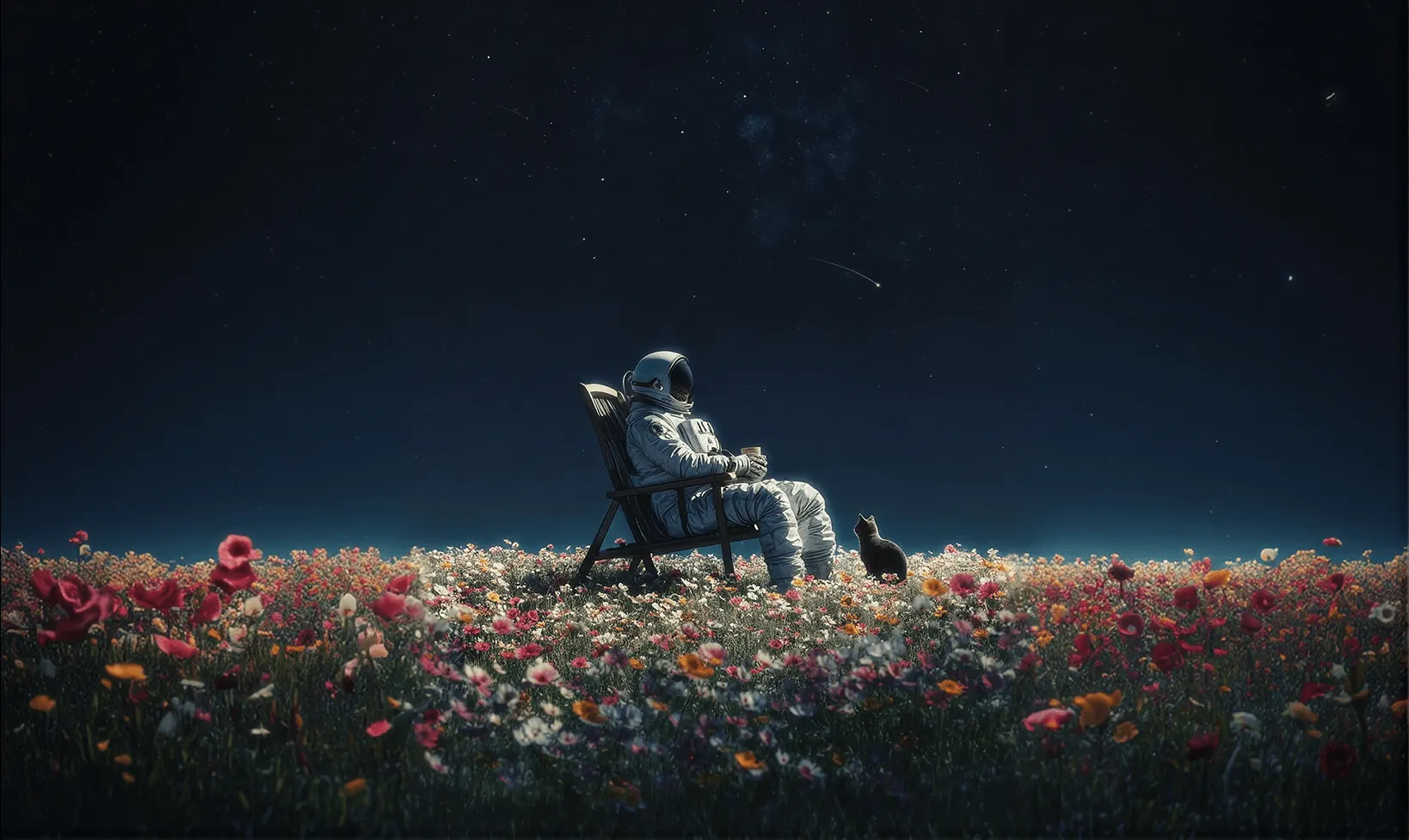 An astronaut resting in a deck chair in a field of flowers under a night sky, a cat beside them